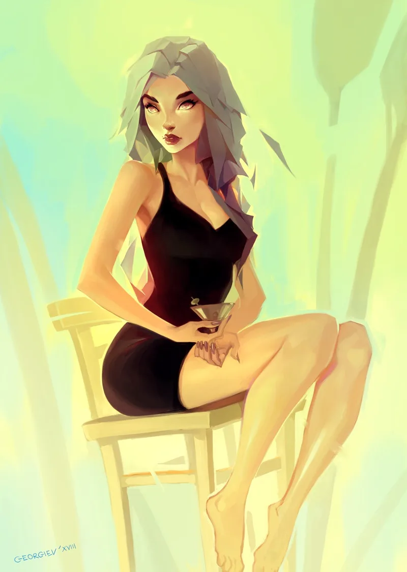 A stylized digital illustration shows a woman with pale skin and grayish hair sitting on a wooden chair, wearing a black…