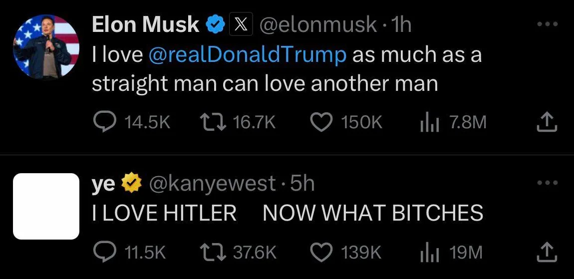 A screenshot of two X (Twitter) posts. The top post by Elon Musk says 'I love @realDonaldTrump as much as a straight man can…