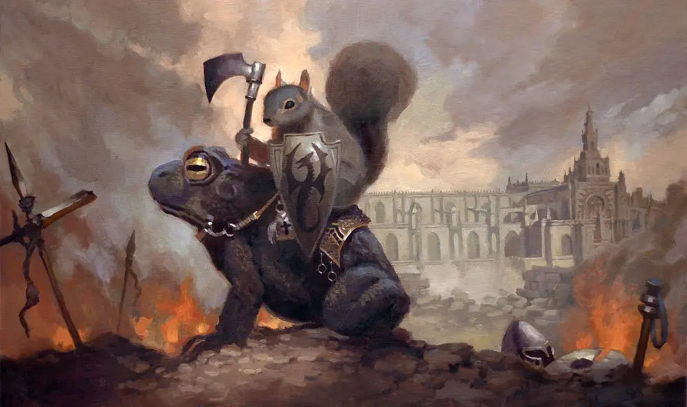 A small squirrel wearing a medieval-style shield and wielding an axe rides atop a large, armored toad in a war-torn…