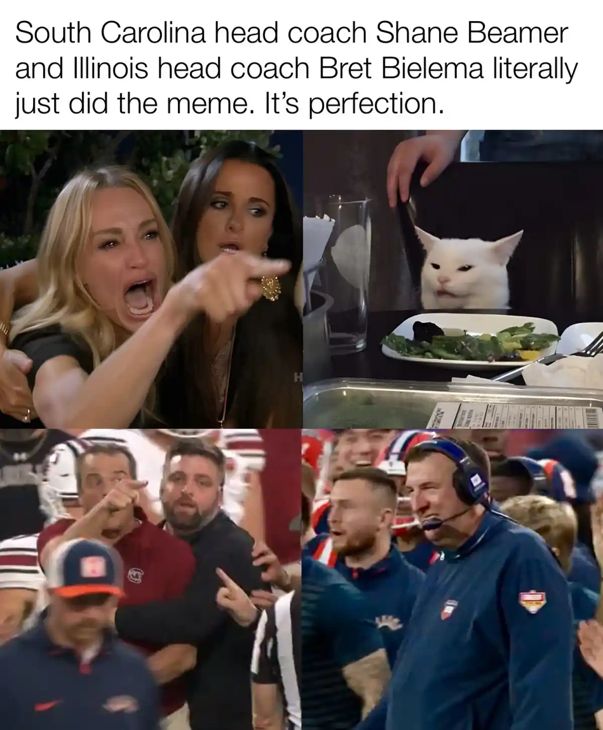 The image is a four-panel meme collage. Top left shows two women, one screaming and pointing while the other looks on. Top…