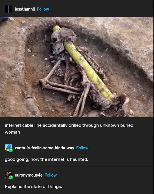 An archaeological dig reveals a human skeleton lying in a shallow grave, with a bright yellow internet cable visibly…