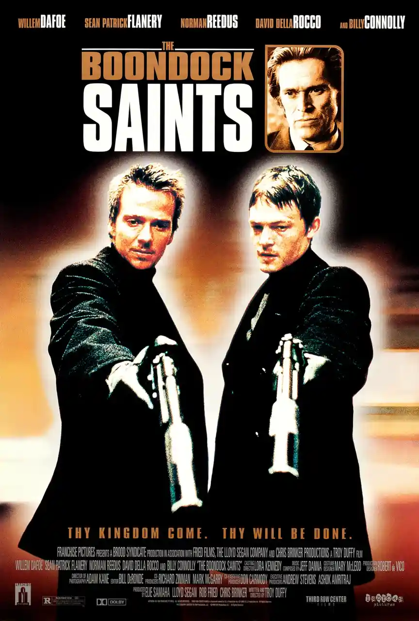 This is a movie poster for 'The Boondock Saints,' featuring two men in black coats pointing guns forward. The title is…
