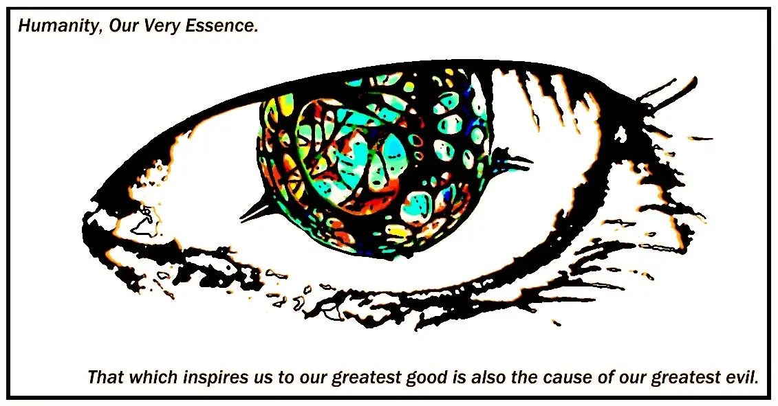 A stylized, high-contrast illustration of a human eye with a colorful, intricate, stained-glass-like iris. The top text…