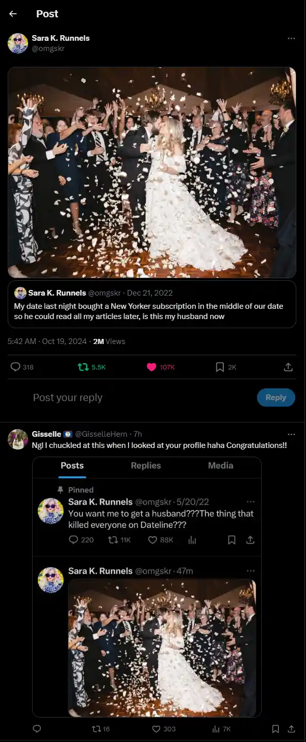 A screenshot of a tweet by Sara K. Runnells showing a photo of a bride and groom dancing at their wedding reception as…