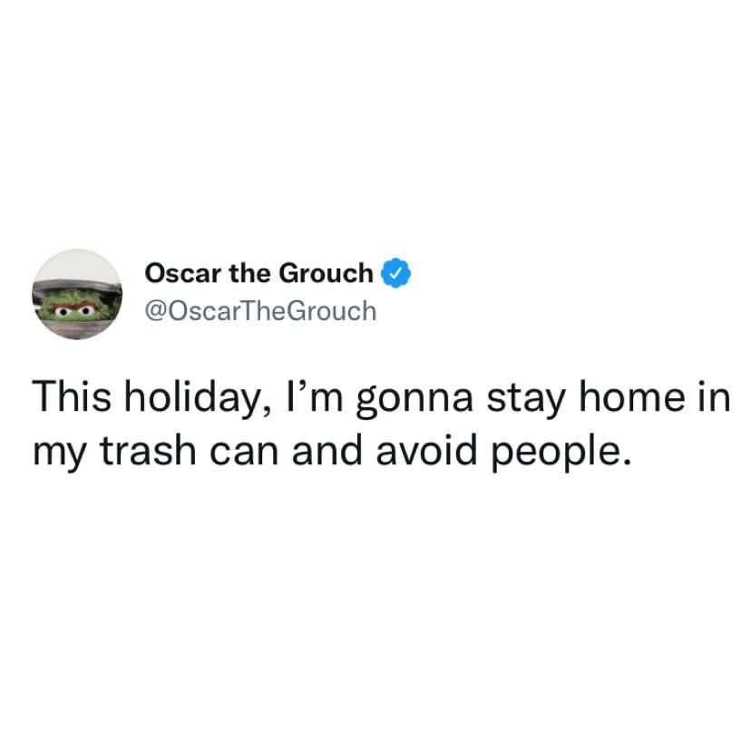 A screenshot of a tweet from the verified account 'Oscar the Grouch' featuring his iconic green, furry face peeking out from…
