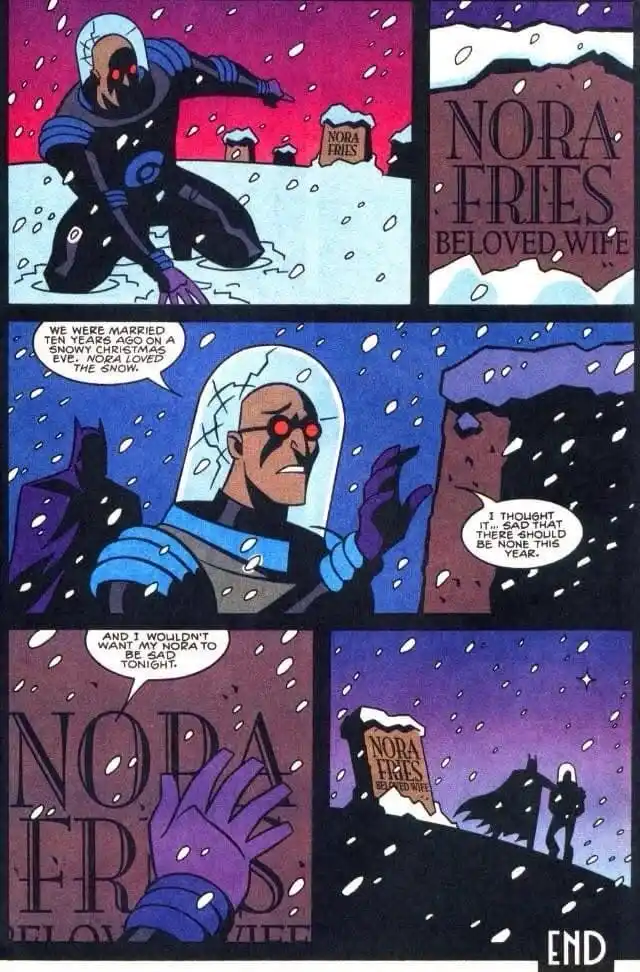 A comic panel shows a man in a futuristic suit standing in snow beside a gravestone labeled 'NORA FRIES, BELOVED WIFE'. He…