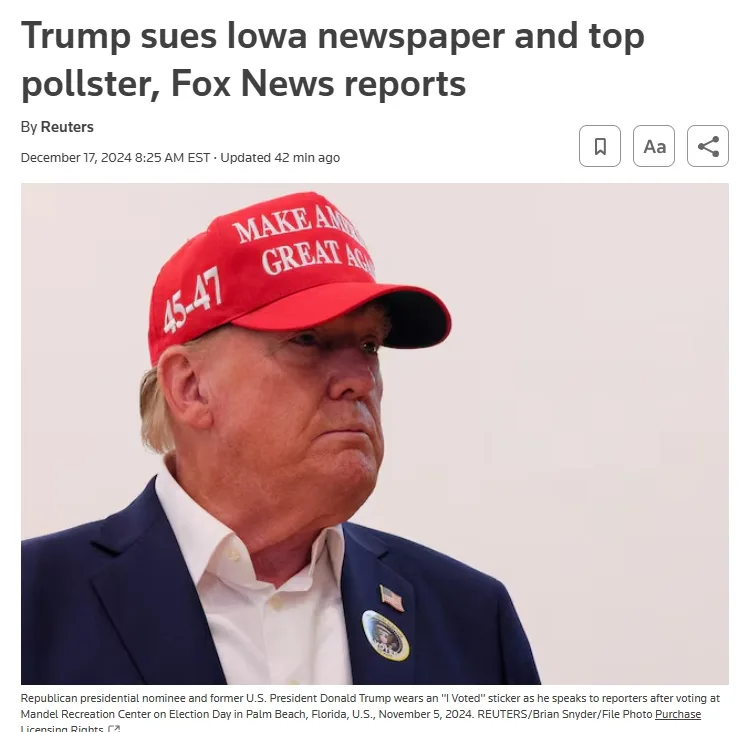 A screenshot of a Reuters news article dated December 17, 2024, shows former U.S. President Donald Trump wearing a red 'Make…