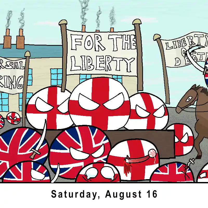 A cartoon depicts angry, flag-patterned spherical characters in a chaotic scene with banners reading 'FOR THE LIBERTY' and…