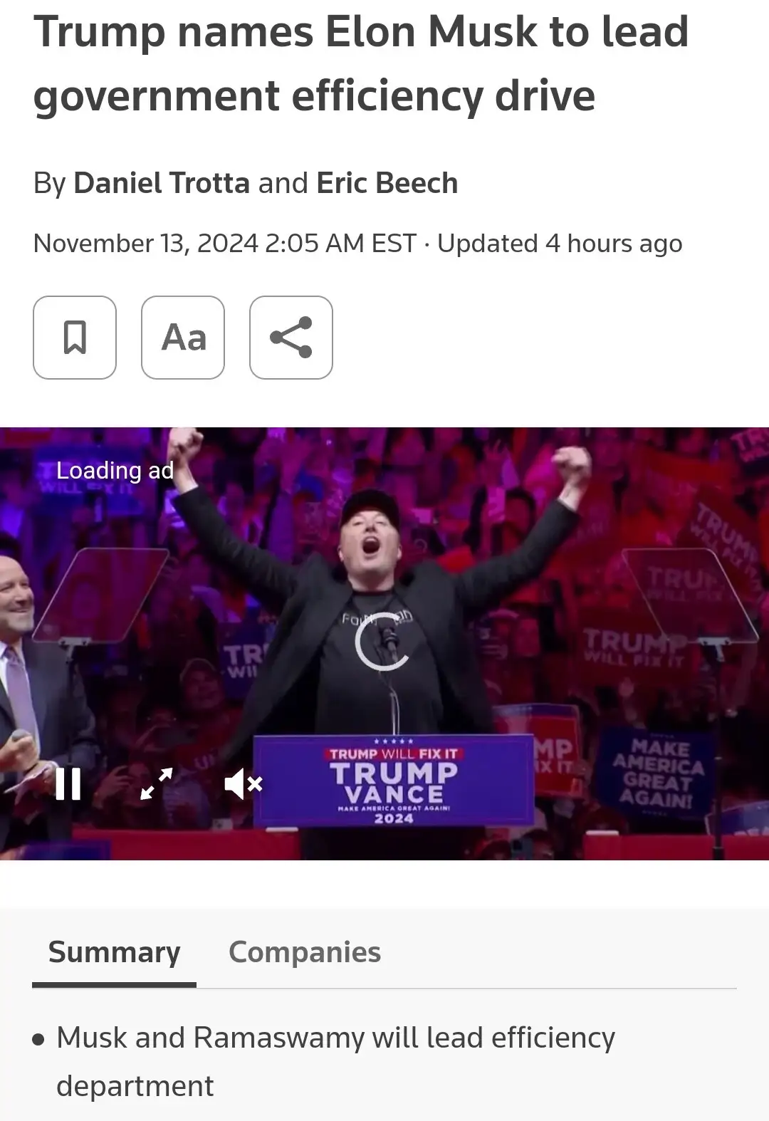 A screenshot of a news article with the headline 'Trump names Elon Musk to lead government efficiency drive' and a photo of…