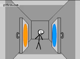 A stick figure stands in a hallway facing two doors, one orange and one blue. As the sequence progresses, the doors close in…