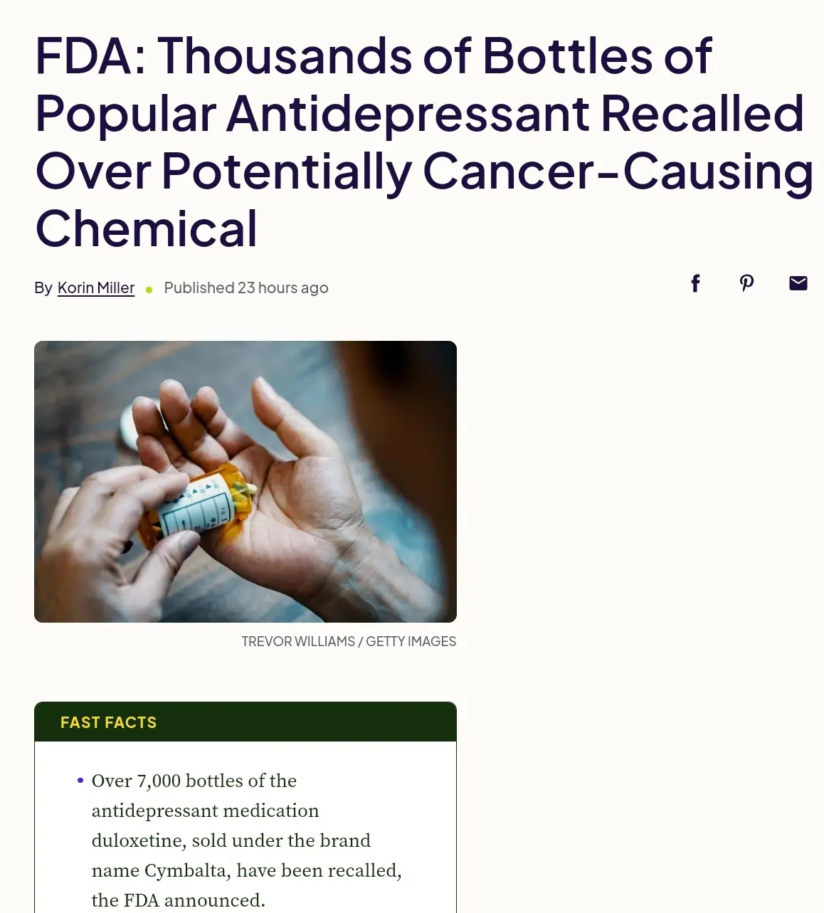 The image shows a news article headline about an antidepressant recall, with a photo of hands holding a pill bottle. The…