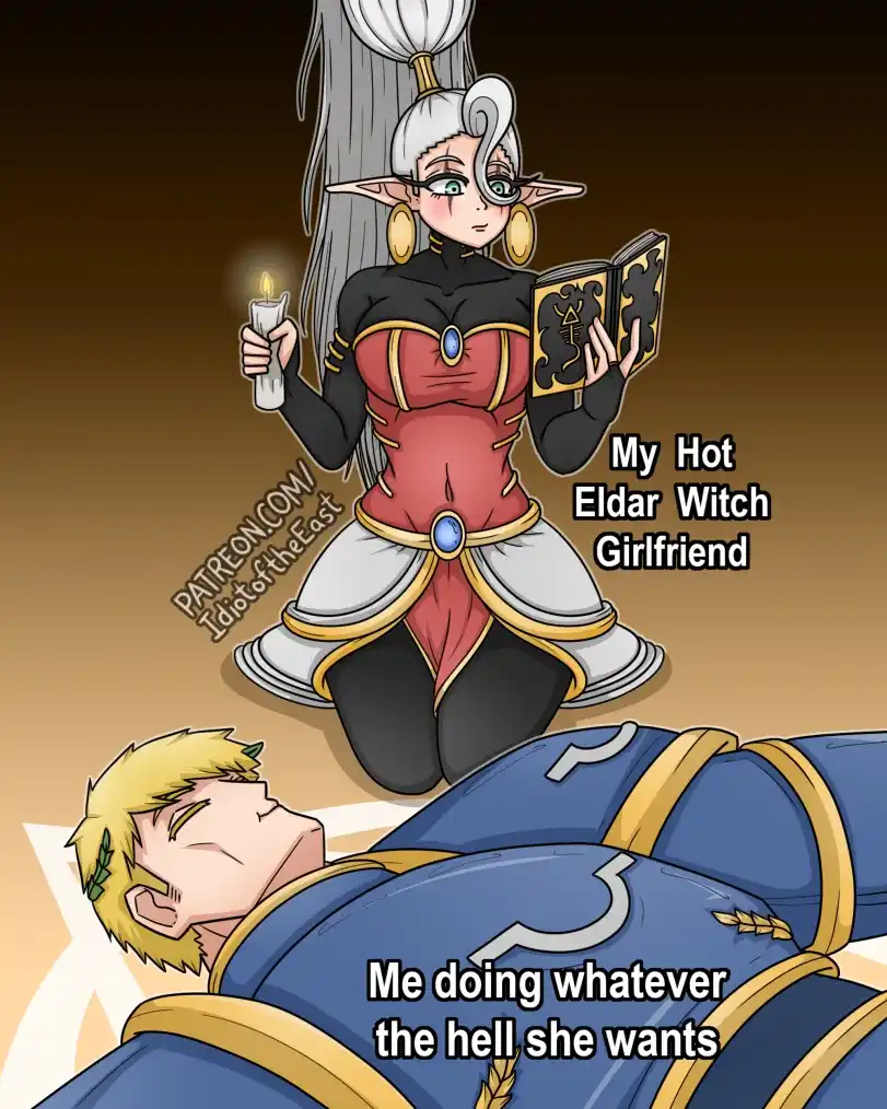 An anime-style illustration shows a kneeling, silver-haired elf woman in a red and black outfit holding a candle and a book…