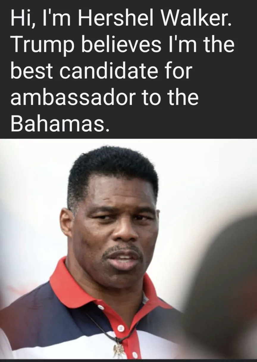 A photo of Hershel Walker, a Black man with short hair wearing a red, white, and blue collared shirt, looking slightly…