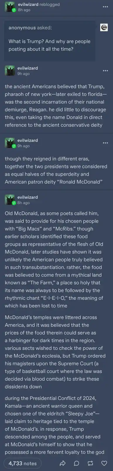 A screenshot of a Tumblr post where a user named 'evilwizard' answers an anonymous question about Donald Trump by…