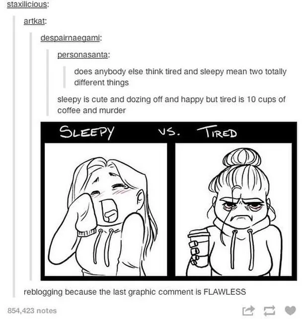 A black-and-white comic strip with two panels. Left panel shows a person with closed eyes, yawning widely, labeled 'SLEEPY'…