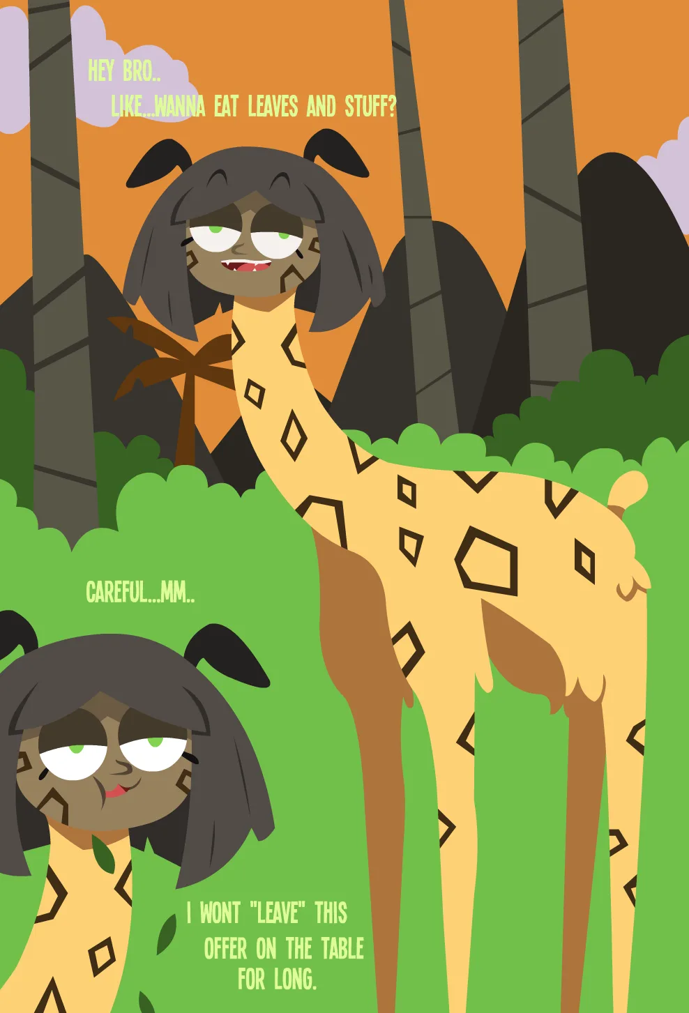 Two cartoon giraffes with dark hair and tribal markings stand in a jungle setting. The taller giraffe asks, "HEY BRO…