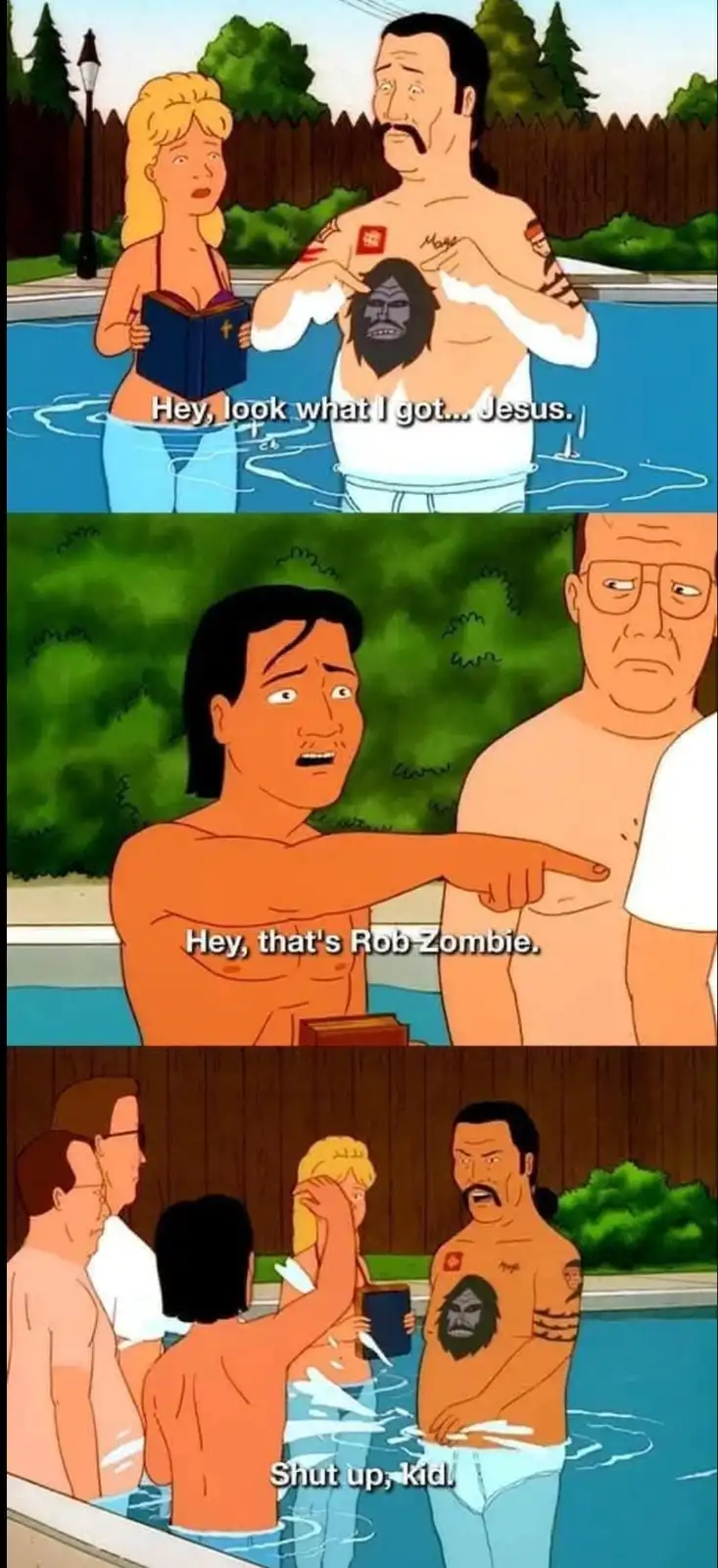 Three panels from the animated show 'King of the Hill' show characters in a pool. In the first, a man with a gorilla tattoo…