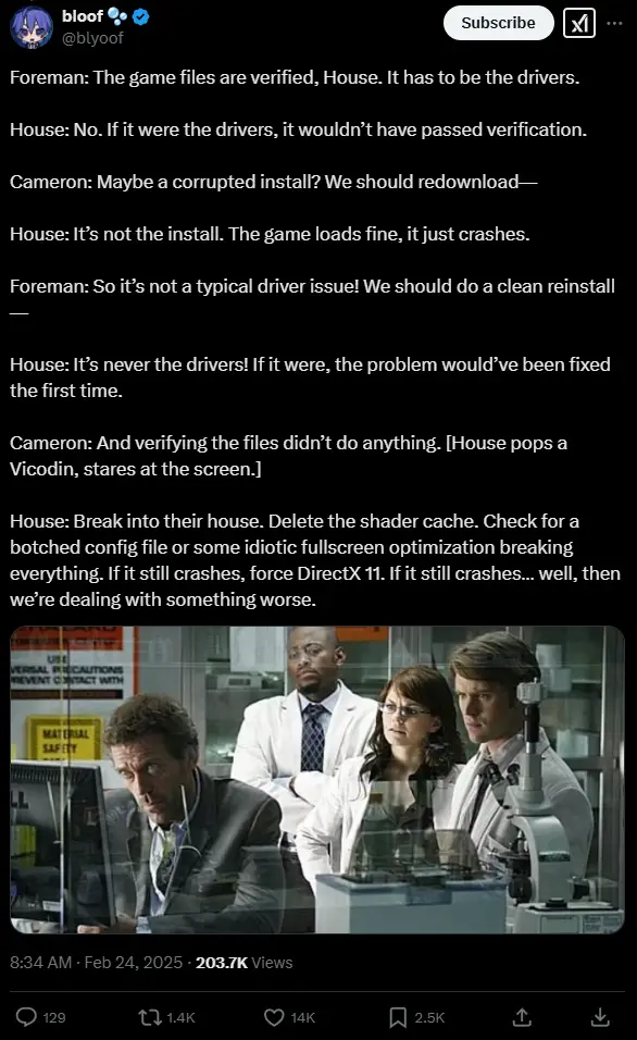 A screenshot from the TV show 'House M.D.' shows Dr. House and his team in a lab, looking at a computer screen. The overlaid…