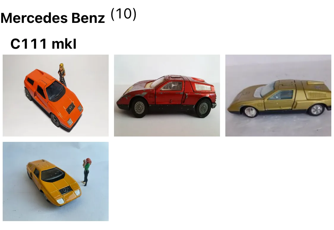 The image displays four toy model cars, all variations of the Mercedes-Benz C111, shown in orange, red, gold, and yellow…
