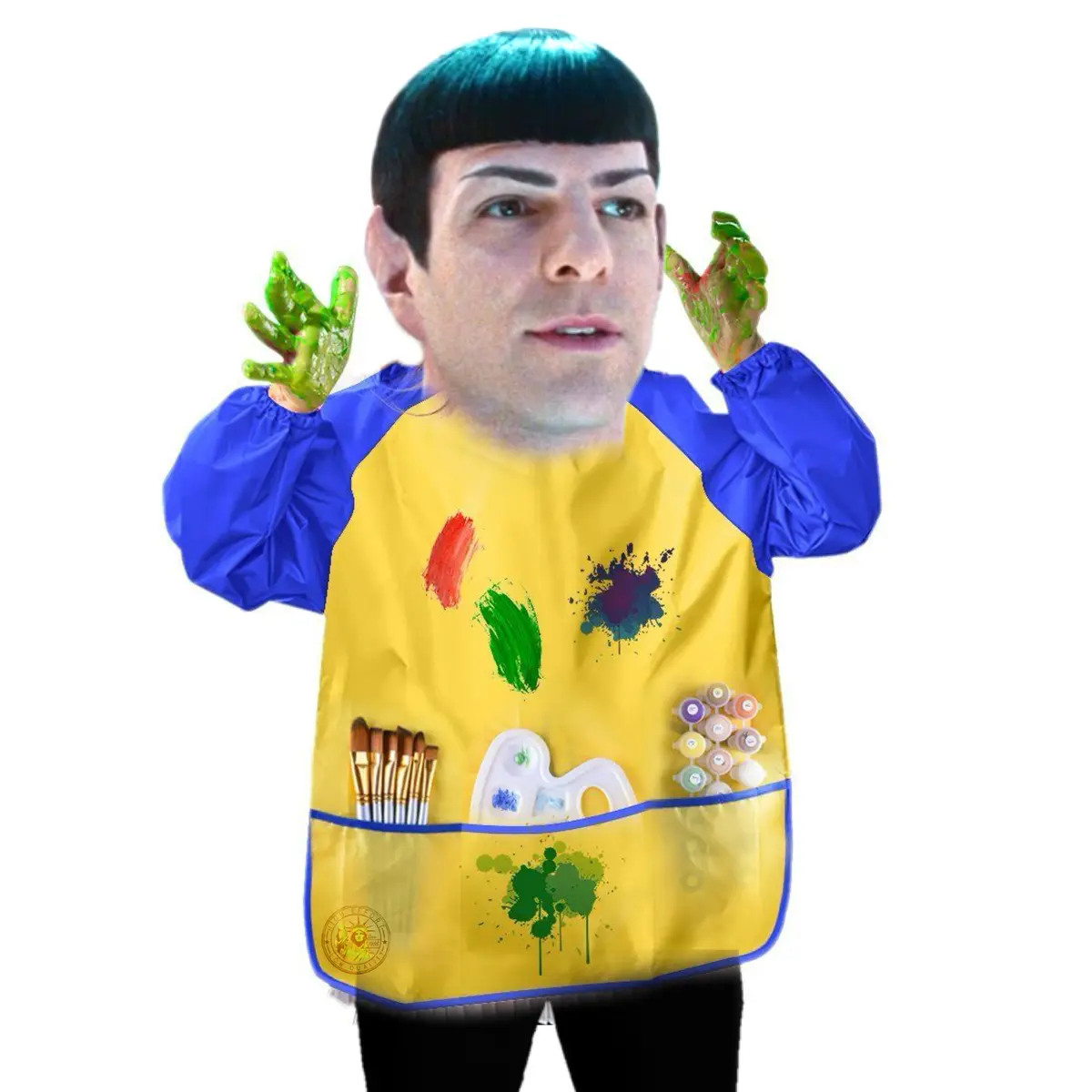 A person with Spock's iconic Vulcan ears and black hair is wearing a yellow painter's apron with paint splatters…