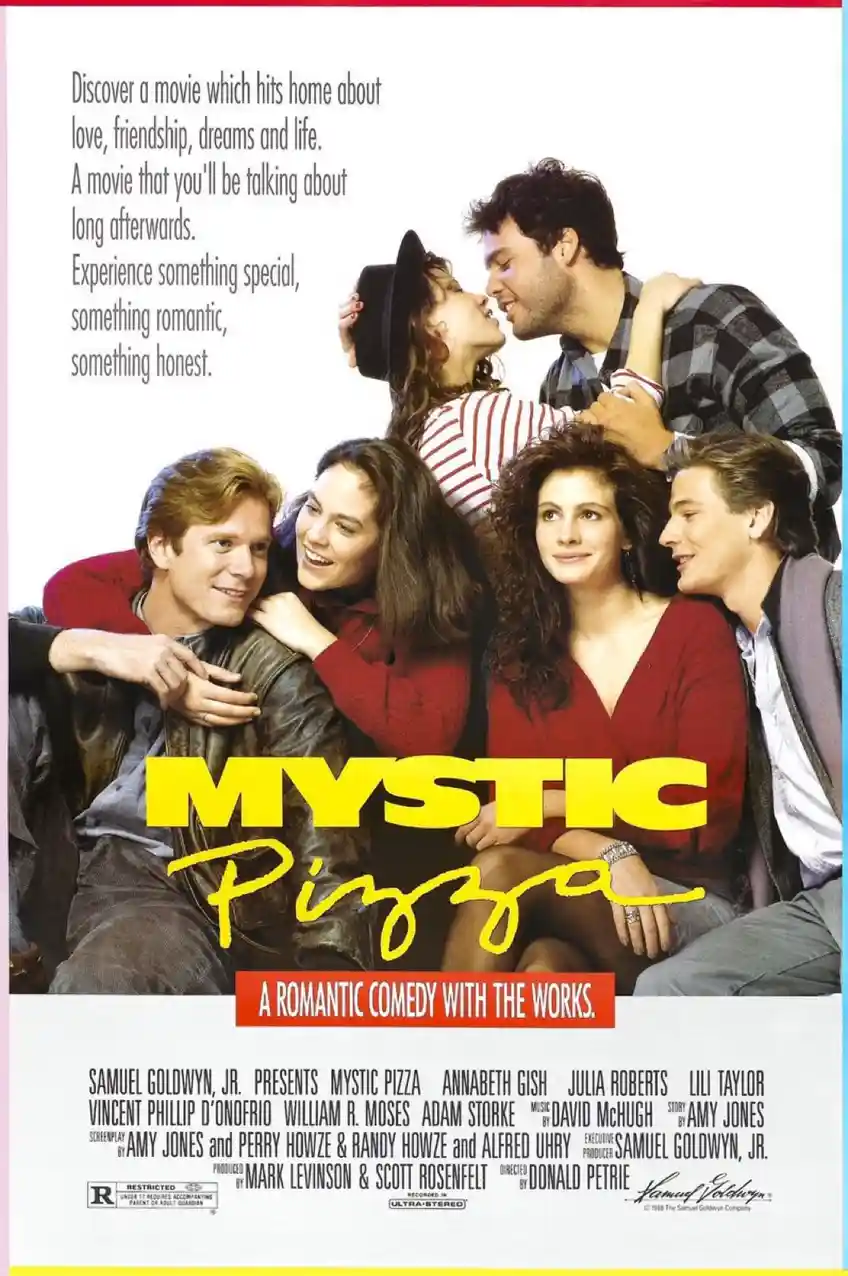 This is a movie poster for 'Mystic Pizza' featuring six young adults in a group hug, with two kissing at the top. The poster…