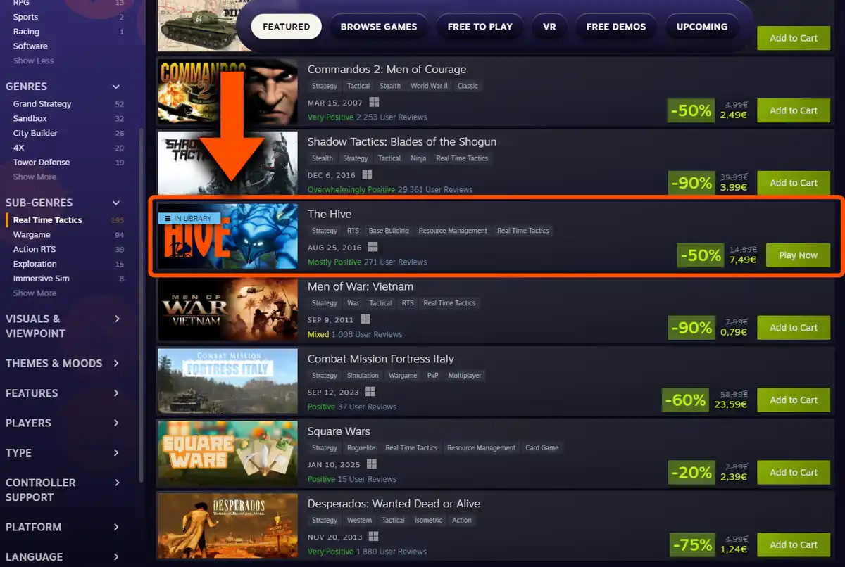 A screenshot of the Steam store page showing a list of real-time tactics games, with 'The Hive' highlighted by an orange box…
