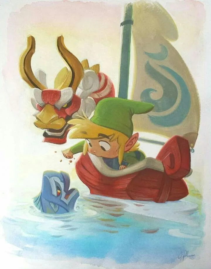 A watercolor illustration shows a young Link in a red boat with a dragon mask sail, fishing with a blue dolphin in the…