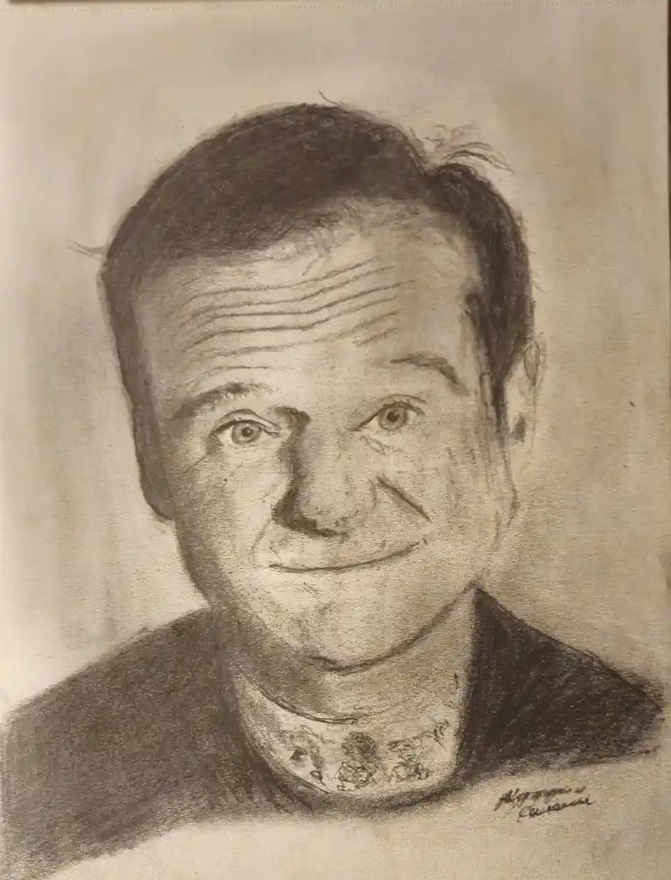A sepia-toned charcoal sketch of a man with a wide, slightly unsettling grin and raised eyebrows, wearing a dark jacket over…