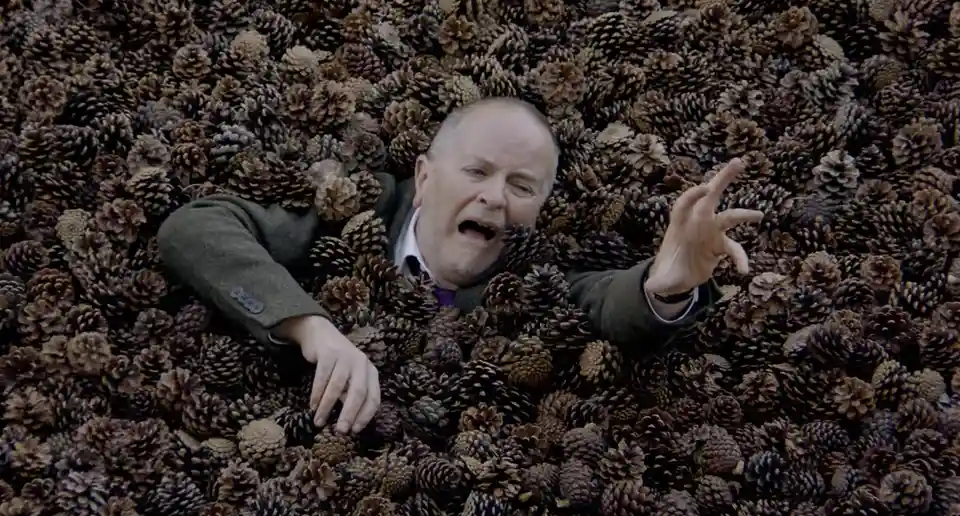 A man in a suit is partially submerged in a large pile of pinecones, his face and arms visible, looking distressed and…
