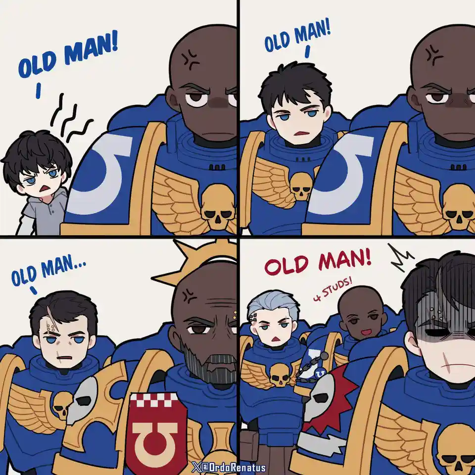 A four-panel comic shows a young boy repeatedly yelling 'OLD MAN!' at a stern space marine. The marine initially ignores…