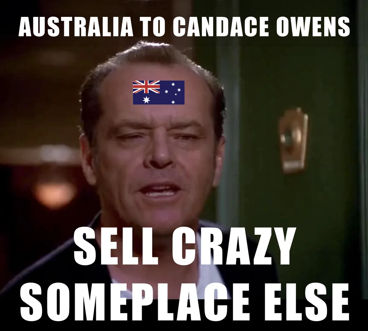 A close-up of a man with a stern expression, an Australian flag superimposed on his forehead, with bold white text at the…