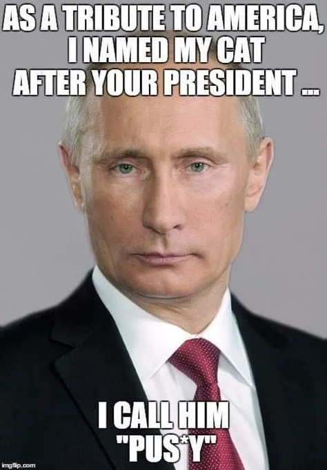 The image shows a close-up of Vladimir Putin in a dark suit and red tie, looking sternly at the camera. White bold text at…