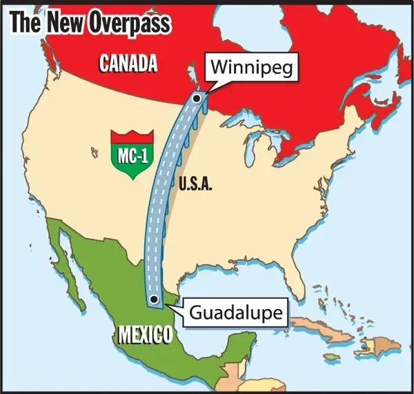 A map of North America shows a fictional highway labeled 'MC-1' stretching from Winnipeg, Canada, down to Guadalupe, Mexico…