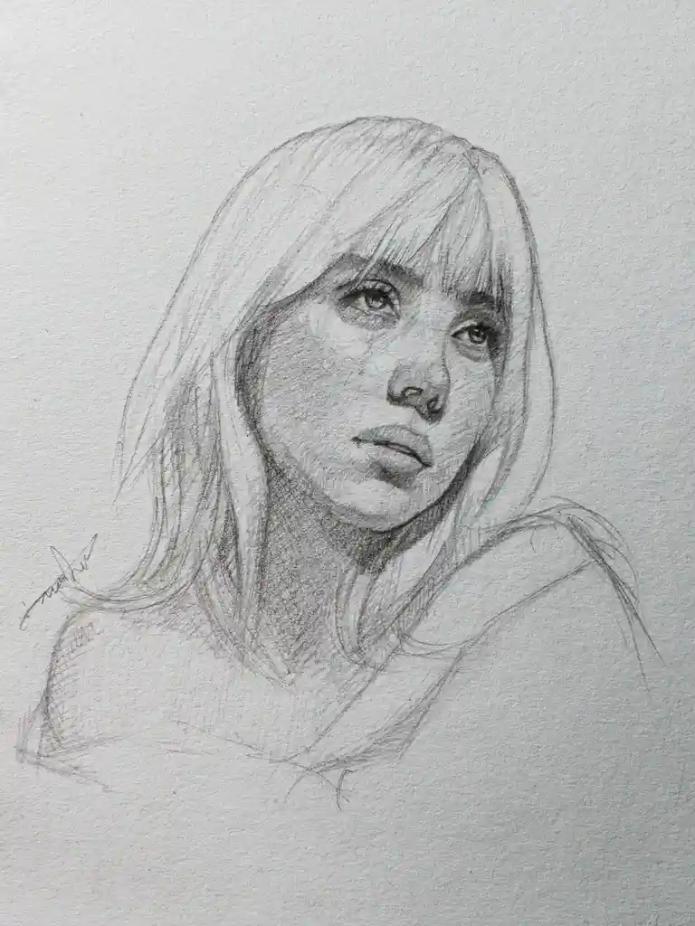 A detailed pencil sketch of a young woman with long hair and bangs, looking slightly upward with a neutral expression. The…