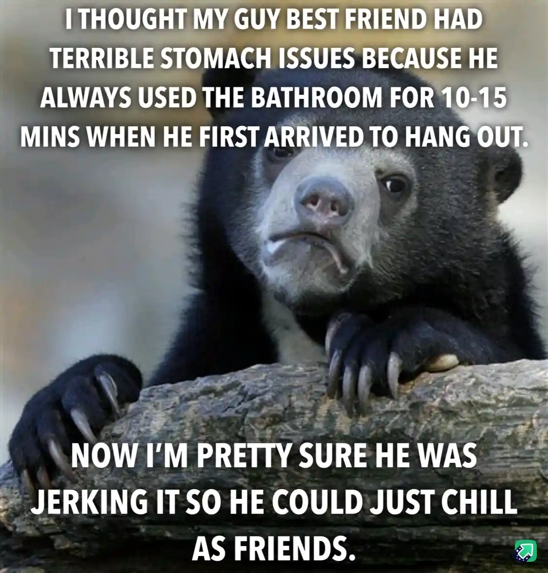 A close-up photo of a sad-looking, dark-furred bear with a downturned mouth, resting its paws on a log. White text overlaid…