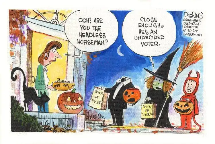 A Halloween cartoon shows a woman handing out candy to trick-or-treaters. One child dressed as the Headless Horseman asks if…