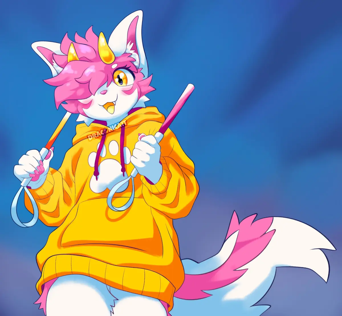 An anime-style anthropomorphic cat with pink and white fur, golden horns, and a fluffy tail wears a yellow hoodie with a paw…