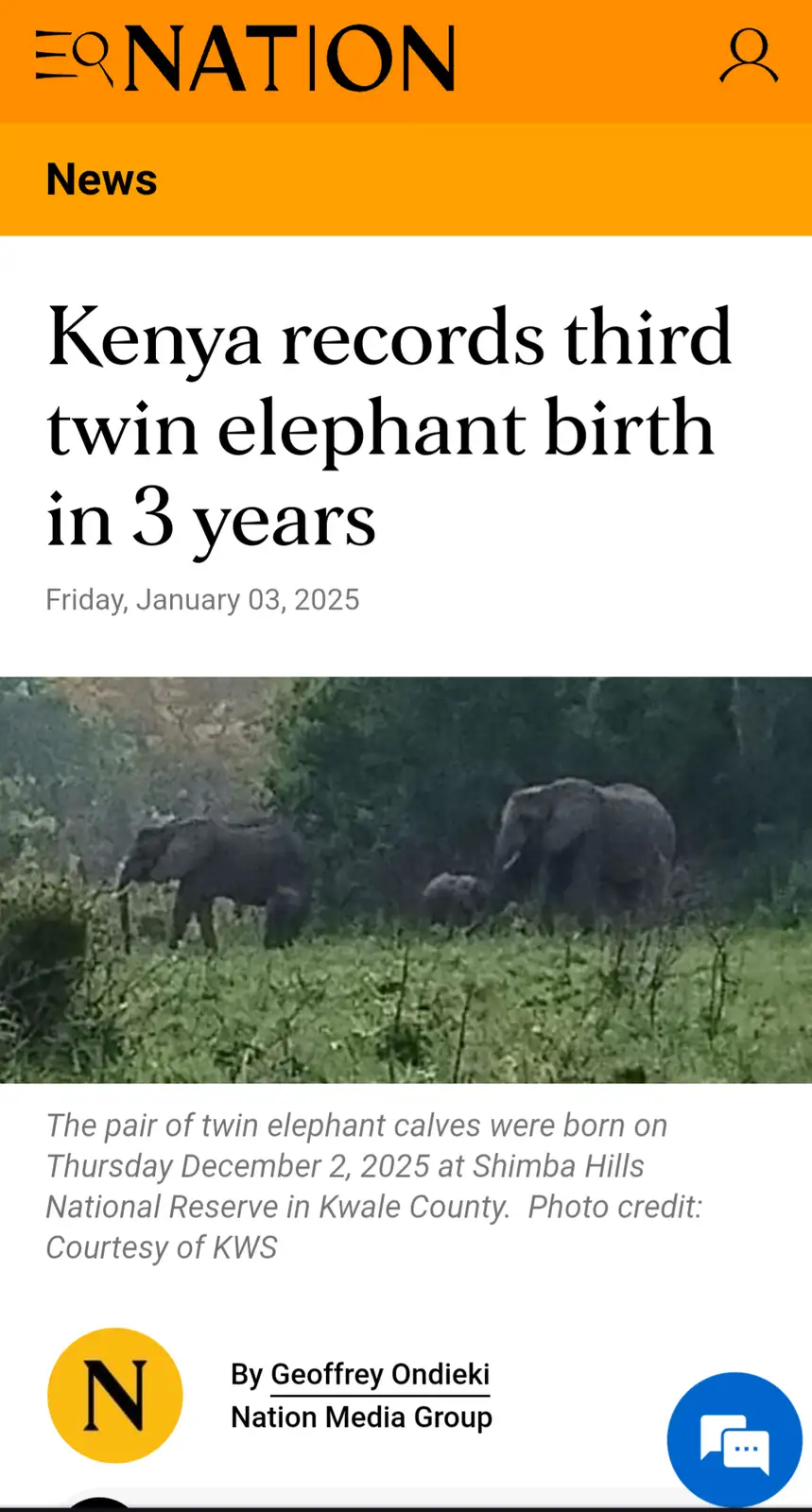 A screenshot of a news article from 'The Nation' dated January 3, 2025, reporting on Kenya's third twin elephant birth in…