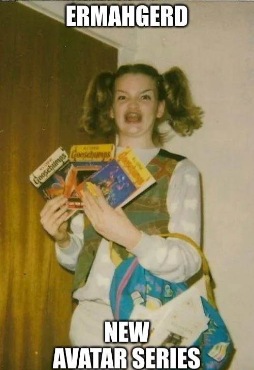 A young girl with pigtails and a backpack holds multiple Goosebumps books, making an exaggerated, excited face. The text…