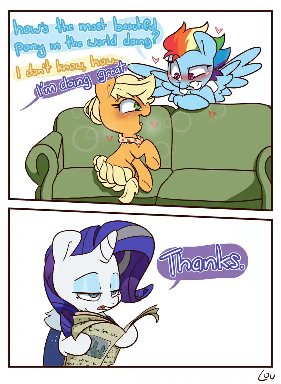 A two-panel comic featuring characters from My Little Pony. In the top panel, a blue pony with a rainbow mane asks an orange…