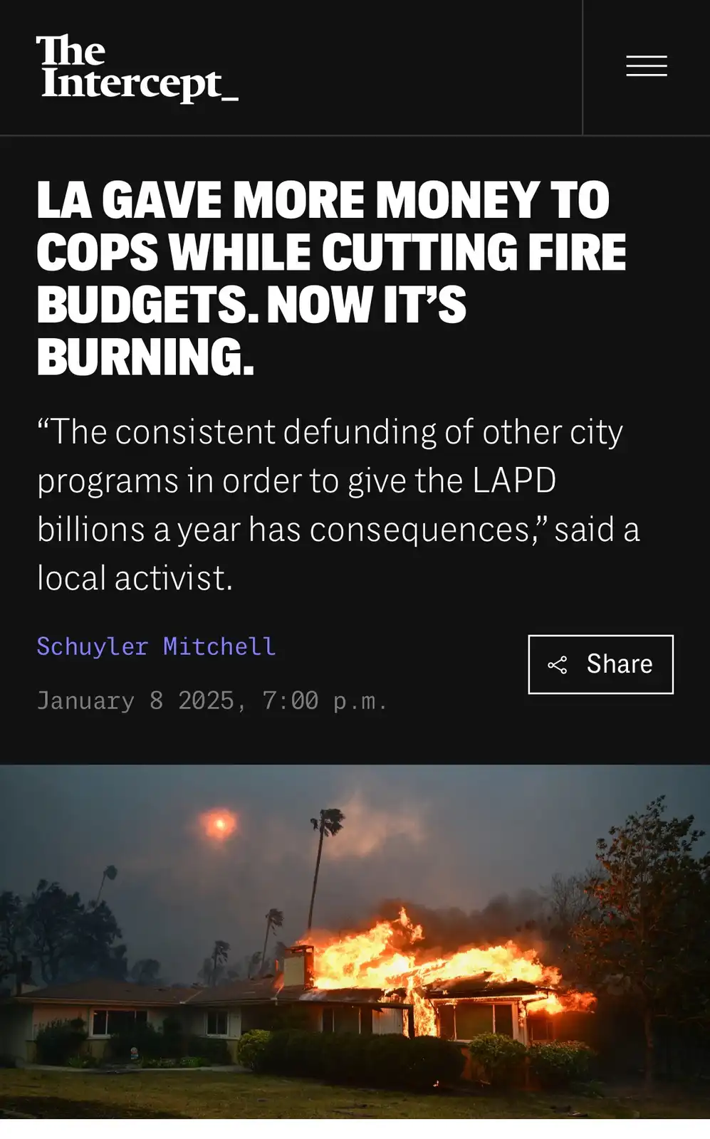 The image shows a screenshot of a The Intercept article with a headline stating 'LA GAVE MORE MONEY TO COPS WHILE CUTTING…