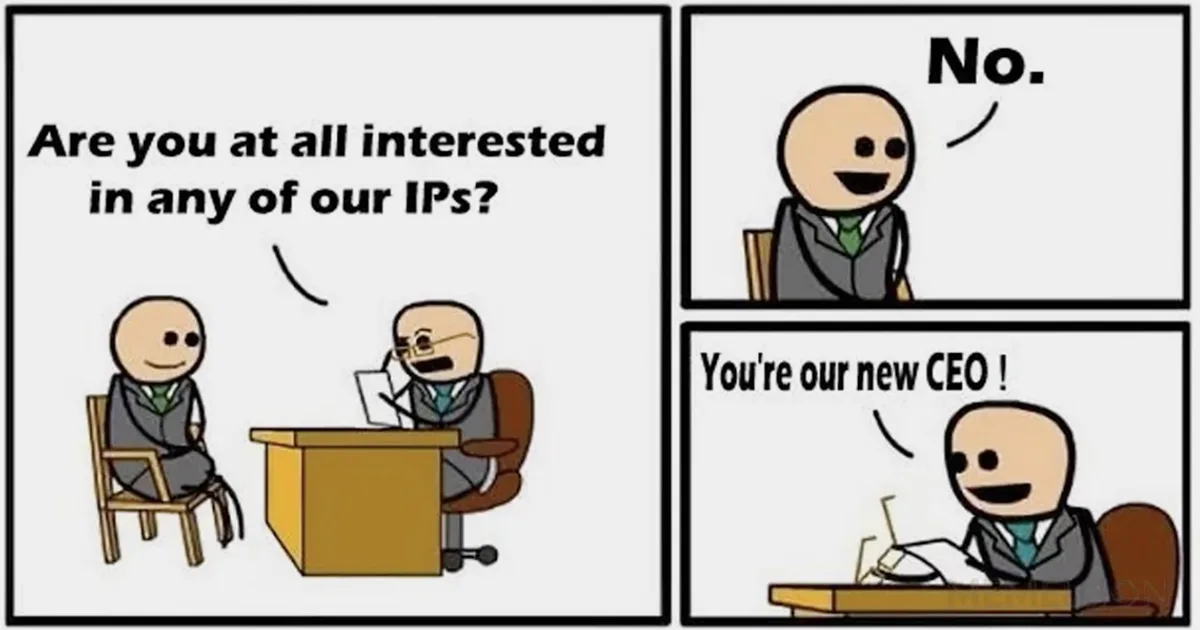 A three-panel comic strip featuring stick-figure businessmen. In the first panel, one man asks another if he's interested in…