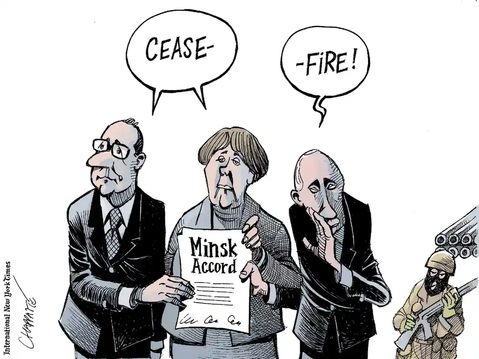 A political cartoon shows three caricatured world leaders holding a document labeled 'Minsk Accord' while speaking in…