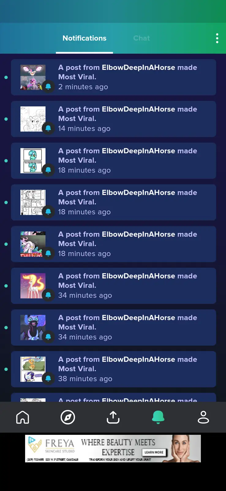 A screenshot of a social media app's notifications page shows multiple identical alerts for a user named 'ElbowDeepInAHorse'…