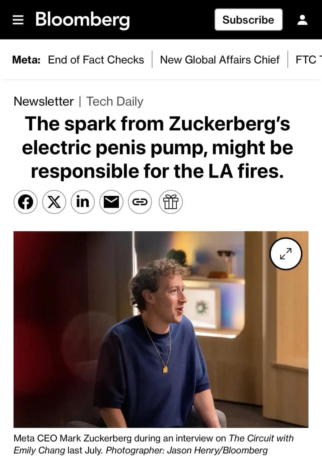 A screenshot of a Bloomberg newsletter article featuring a photo of Meta CEO Mark Zuckerberg during an interview. The…