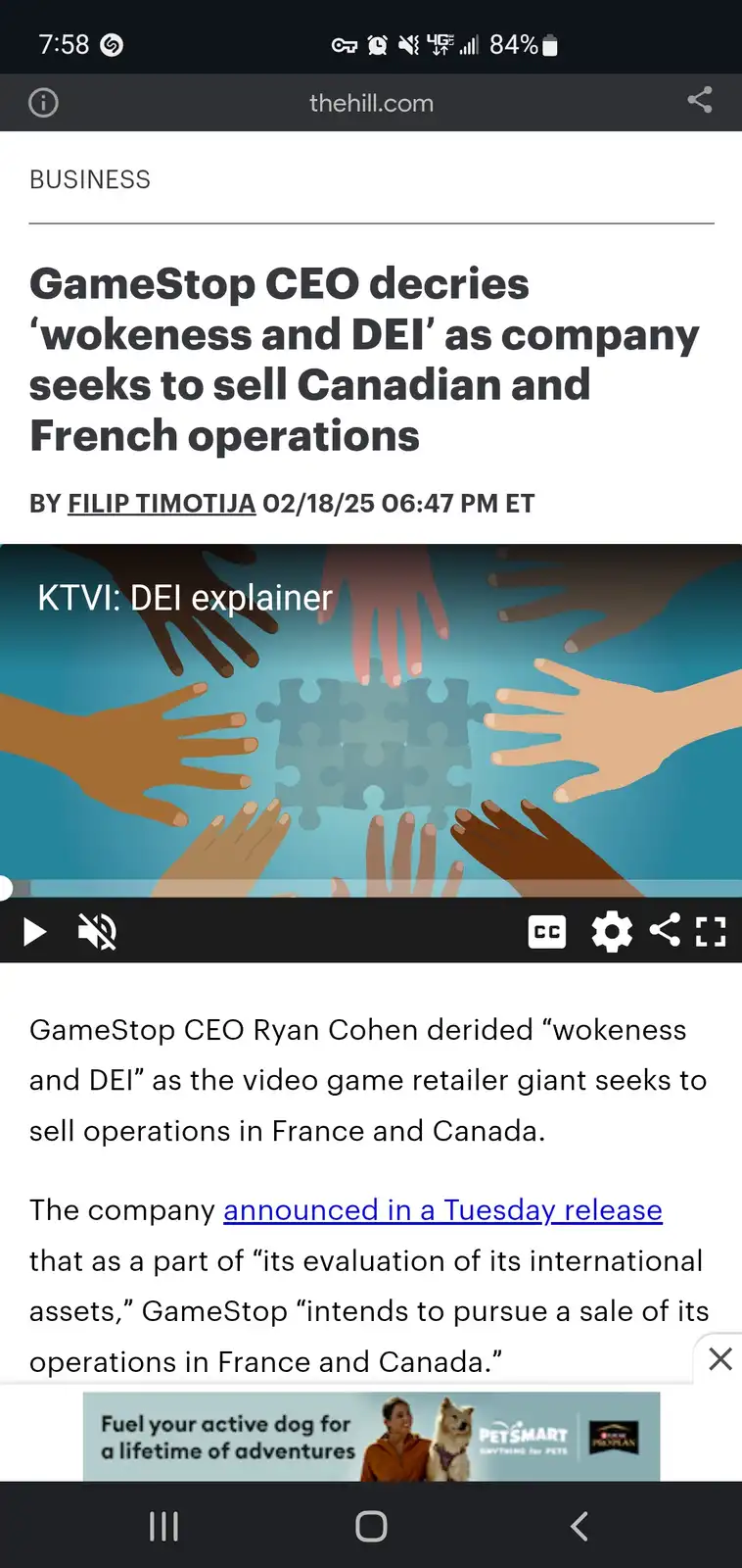 A screenshot of a news article from The Hill shows a headline about GameStop CEO Ryan Cohen criticizing 'wokeness and DEI'…