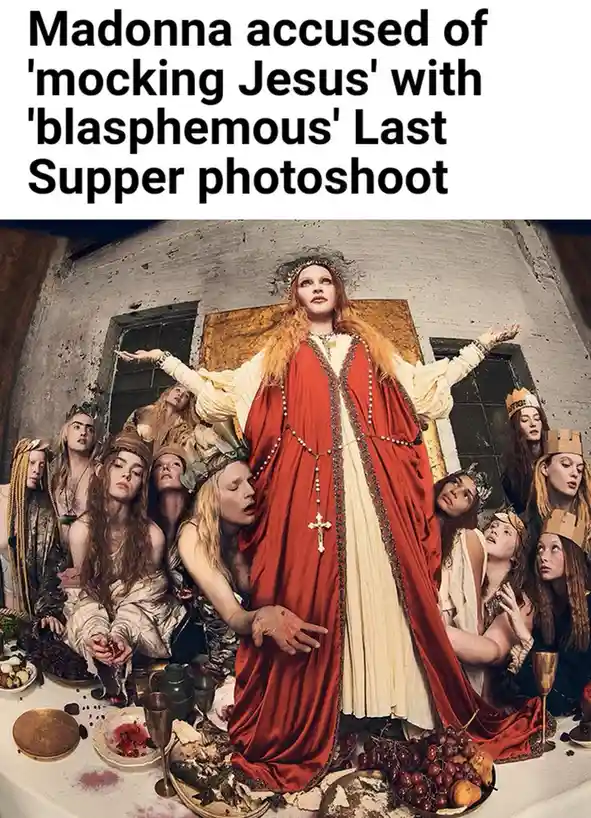 A photoshoot depicts Madonna in a red robe with a cross necklace, standing with arms outstretched like Jesus, surrounded by…