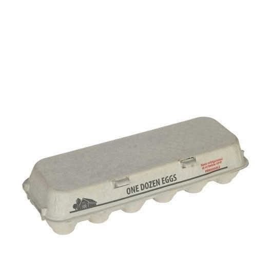 A plain, light brown cardboard egg carton with the text 'ONE DOZEN EGGS' printed in black on its side, and smaller red text…