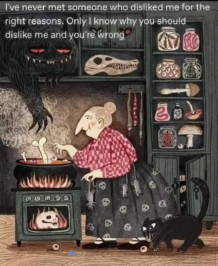 An illustration shows a woman in a checkered shirt and skull-patterned skirt stirring a bubbling cauldron on a stove. A…