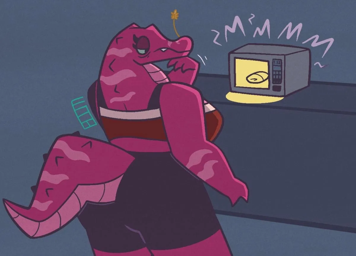 A pink, reptilian humanoid character with a small flower on its head sits in a dim room, looking longingly at a microwave…